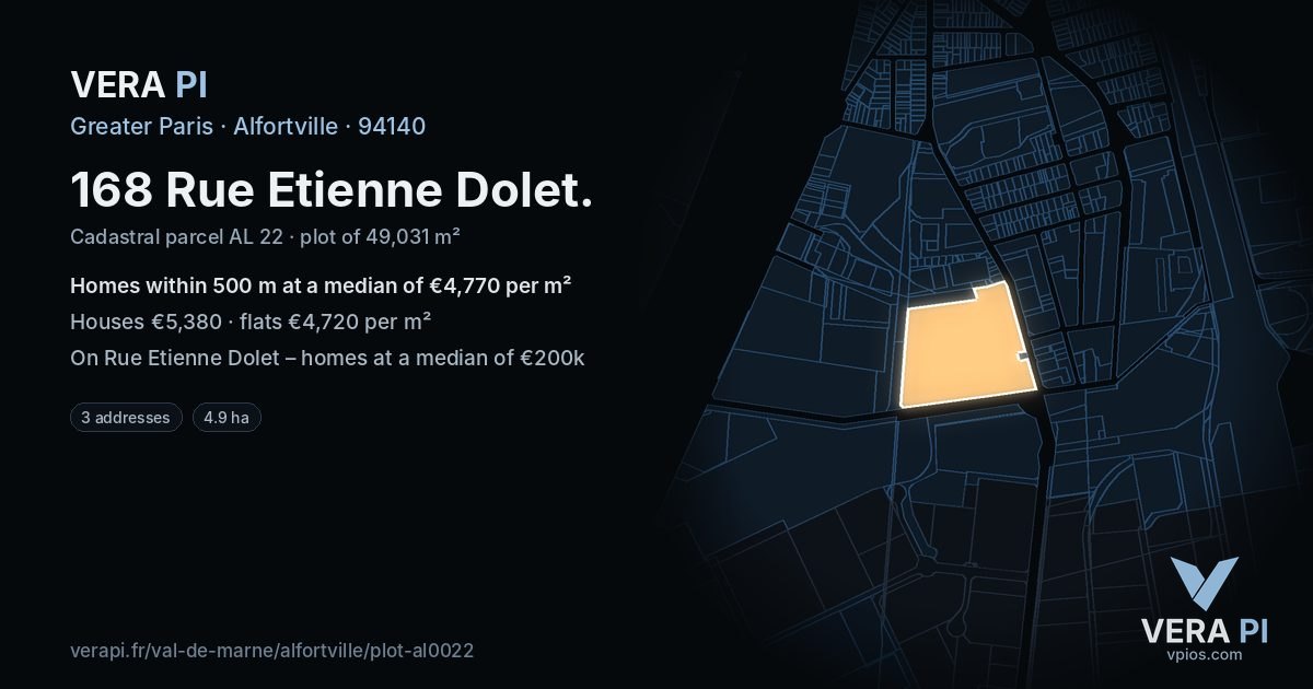 168 Rue Etienne Dolet, Alfortville at night – the plot lit, the parcels around coloured by the prices near them