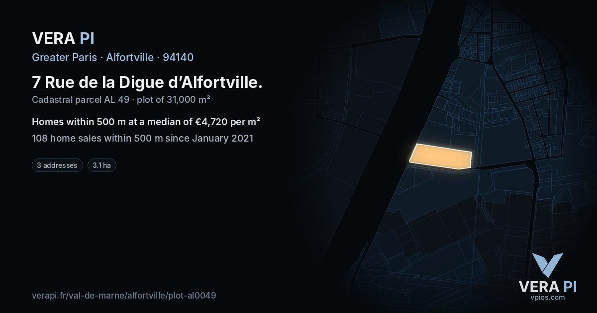 7 Rue de la Digue d’Alfortville, Alfortville at night – the plot lit, the parcels around coloured by the prices near them