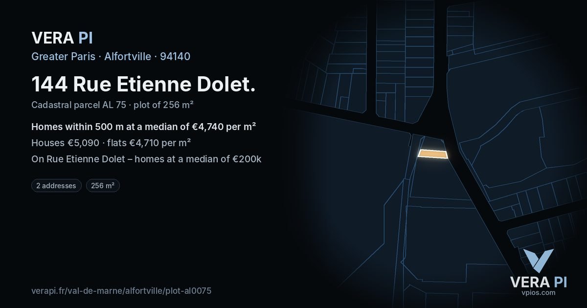 144 Rue Etienne Dolet, Alfortville at night – the plot lit, the parcels around coloured by the prices near them