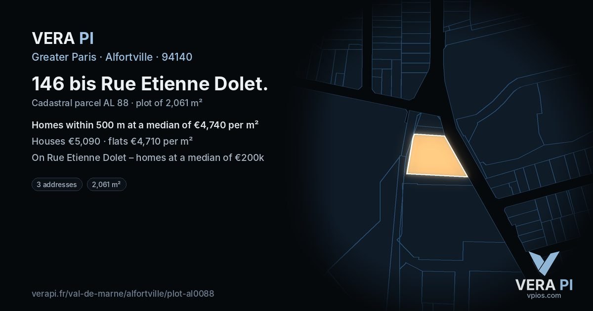 146 bis Rue Etienne Dolet, Alfortville at night – the plot lit, the parcels around coloured by the prices near them