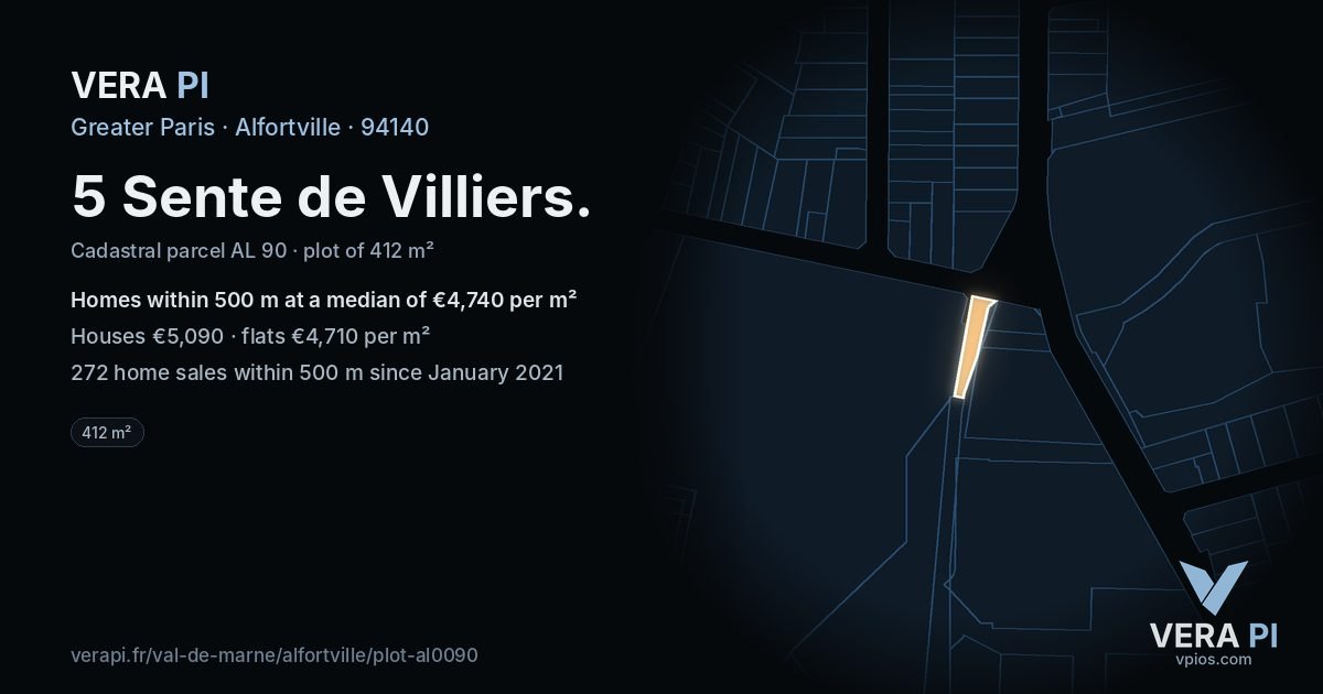 5 Sente de Villiers, Alfortville at night – the plot lit, the parcels around coloured by the prices near them