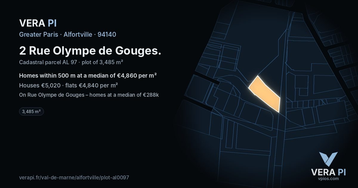 2 Rue Olympe de Gouges, Alfortville at night – the plot lit, the parcels around coloured by the prices near them