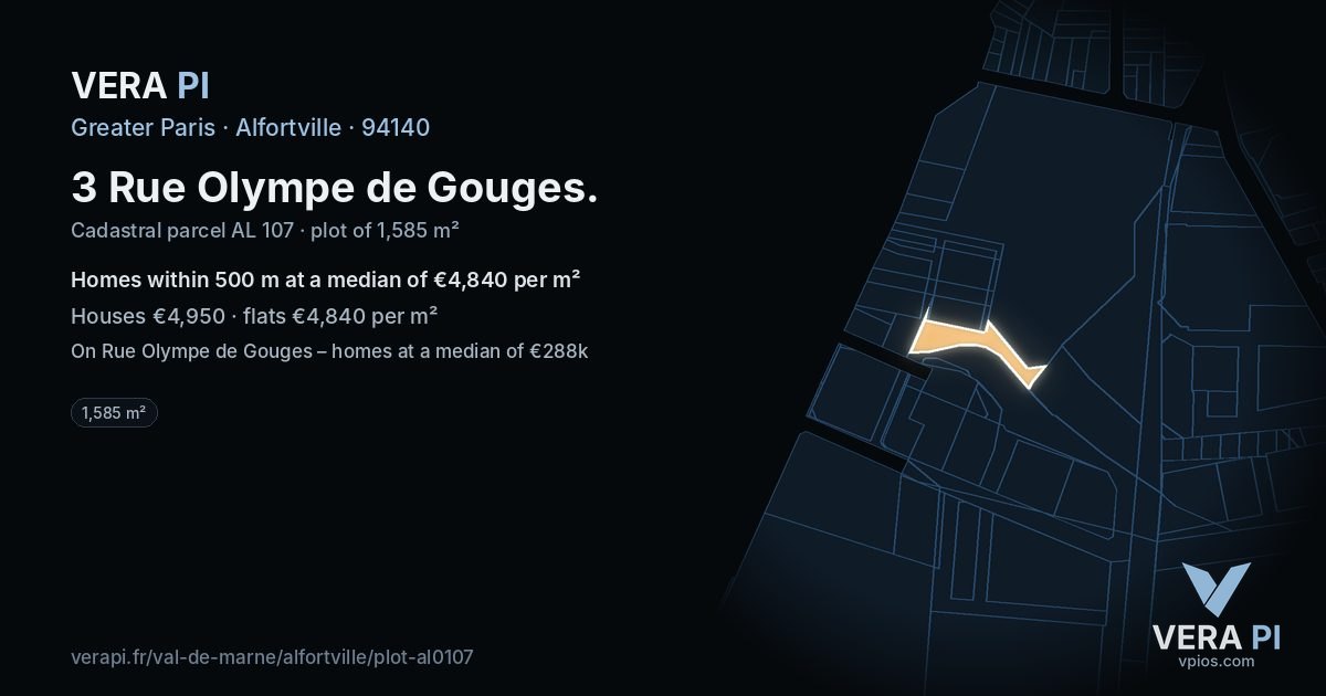3 Rue Olympe de Gouges, Alfortville at night – the plot lit, the parcels around coloured by the prices near them