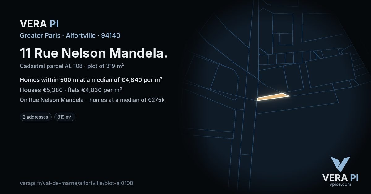 11 Rue Nelson Mandela, Alfortville at night – the plot lit, the parcels around coloured by the prices near them