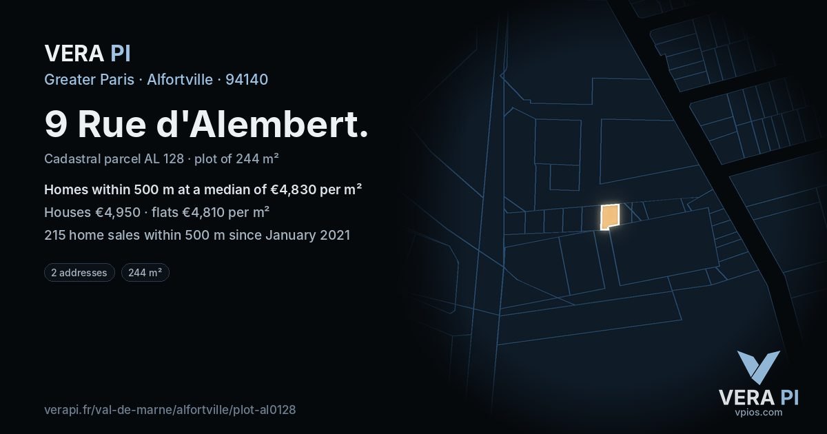 9 Rue d'Alembert, Alfortville at night – the plot lit, the parcels around coloured by the prices near them