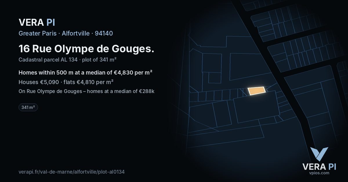 16 Rue Olympe de Gouges, Alfortville at night – the plot lit, the parcels around coloured by the prices near them