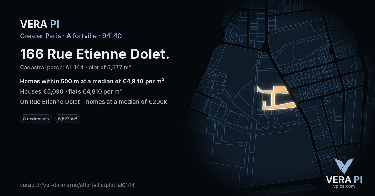166 Rue Etienne Dolet, Alfortville at night – the plot lit, the parcels around coloured by the prices near them