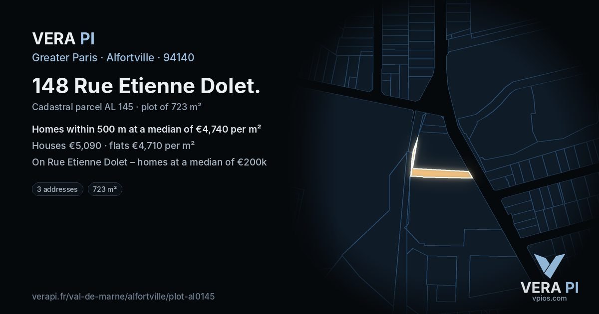 148 Rue Etienne Dolet, Alfortville at night – the plot lit, the parcels around coloured by the prices near them