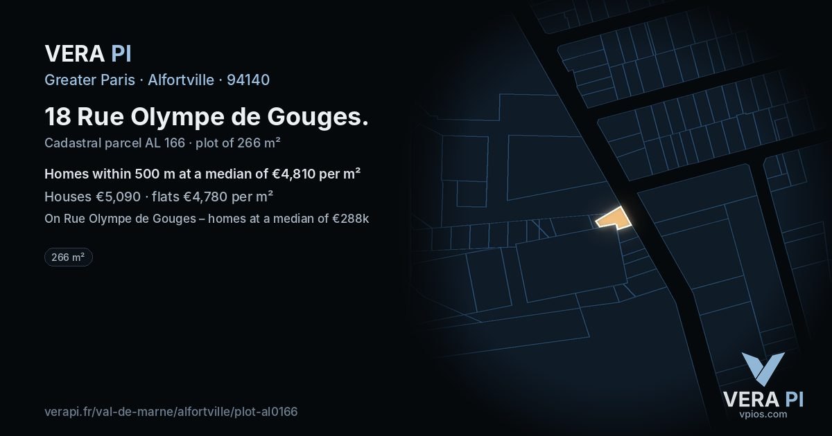 18 Rue Olympe de Gouges, Alfortville at night – the plot lit, the parcels around coloured by the prices near them