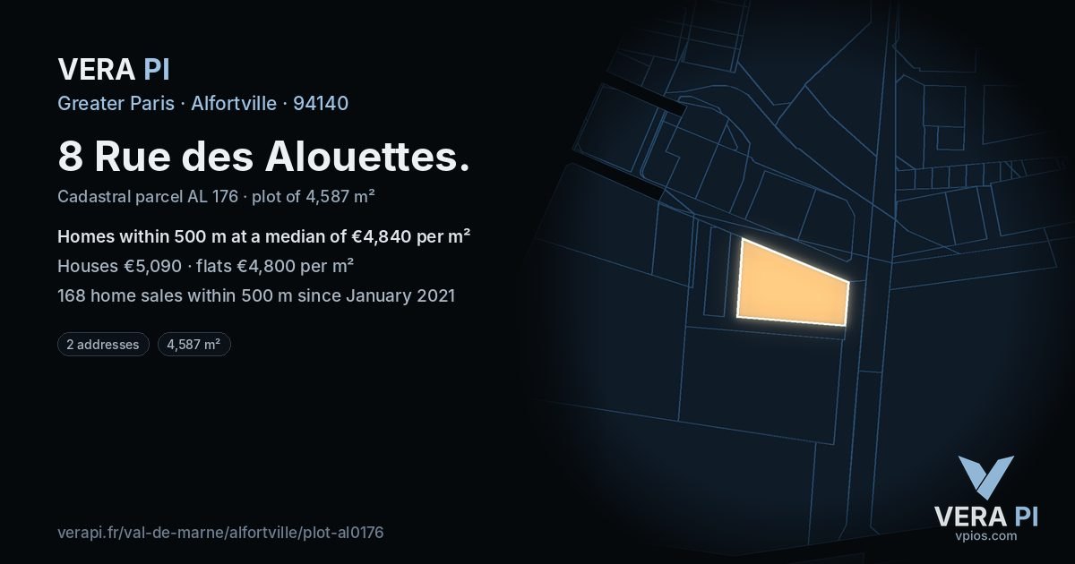 8 Rue des Alouettes, Alfortville at night – the plot lit, the parcels around coloured by the prices near them