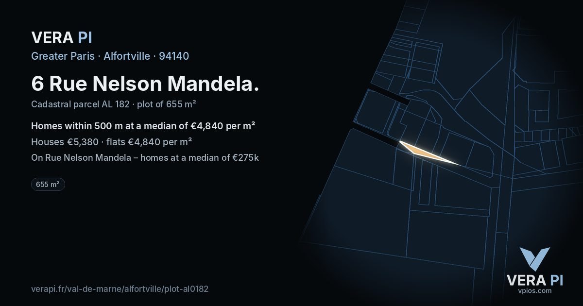 6 Rue Nelson Mandela, Alfortville at night – the plot lit, the parcels around coloured by the prices near them