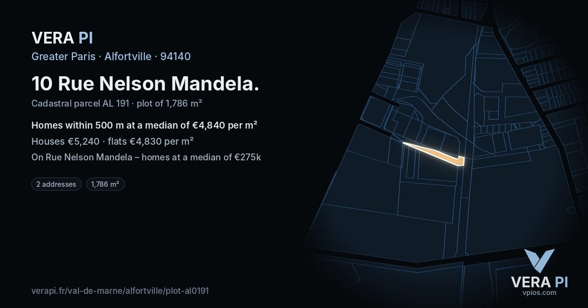 10 Rue Nelson Mandela, Alfortville at night – the plot lit, the parcels around coloured by the prices near them