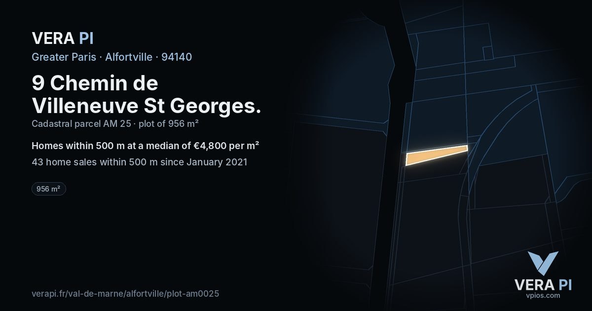 9 Chemin de Villeneuve St Georges, Alfortville at night – the plot lit, the parcels around coloured by the prices near them