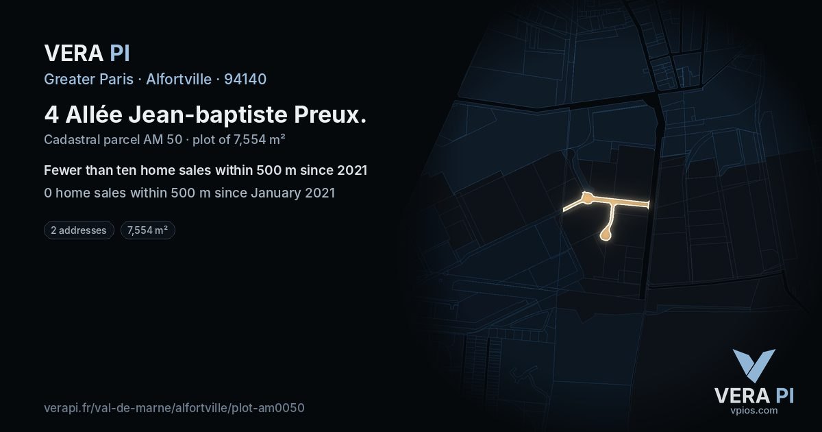 4 Allée Jean-baptiste Preux, Alfortville at night – the plot lit, the parcels around coloured by the prices near them