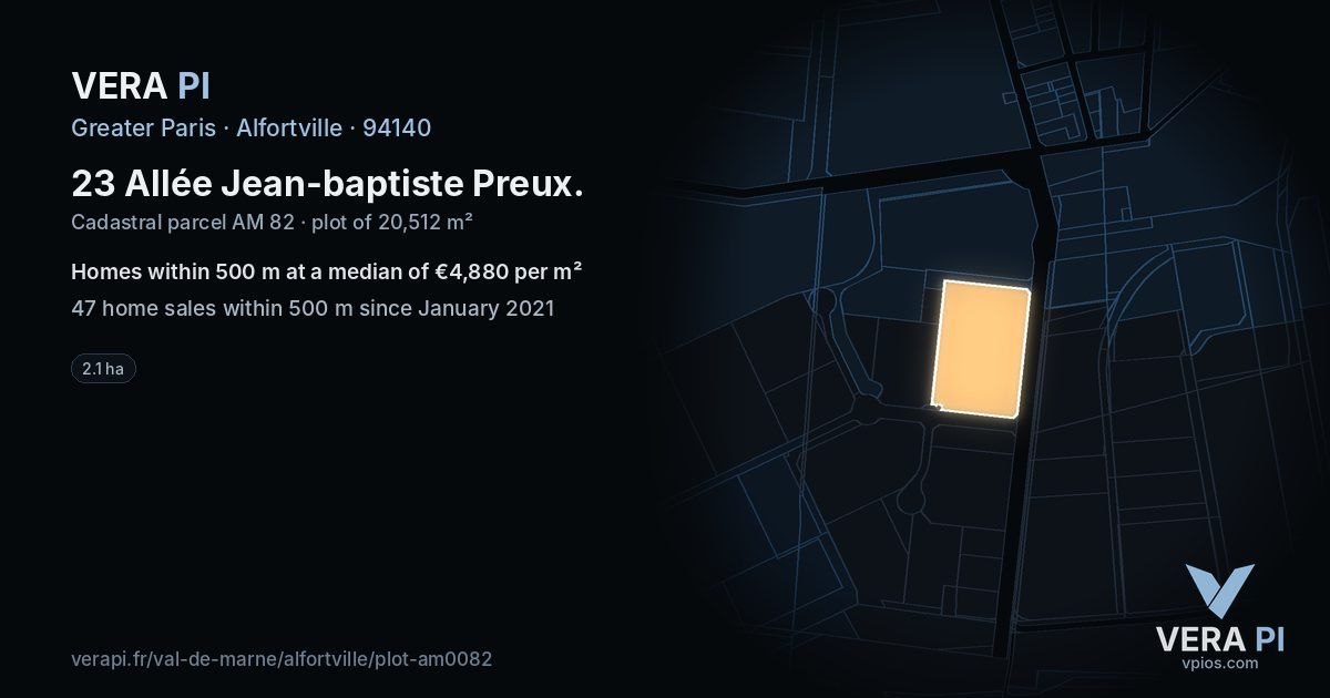 23 Allée Jean-baptiste Preux, Alfortville at night – the plot lit, the parcels around coloured by the prices near them