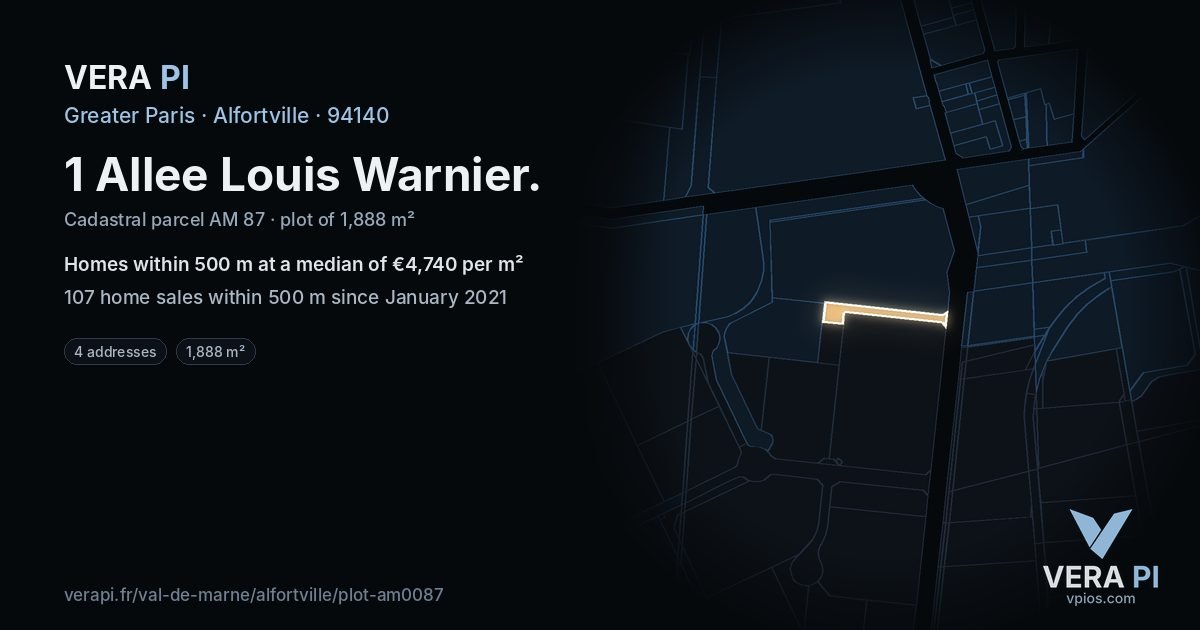 1 Allee Louis Warnier, Alfortville at night – the plot lit, the parcels around coloured by the prices near them