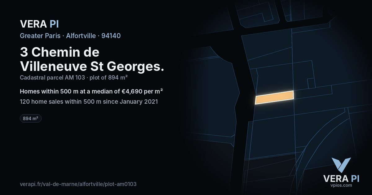 3 Chemin de Villeneuve St Georges, Alfortville at night – the plot lit, the parcels around coloured by the prices near them