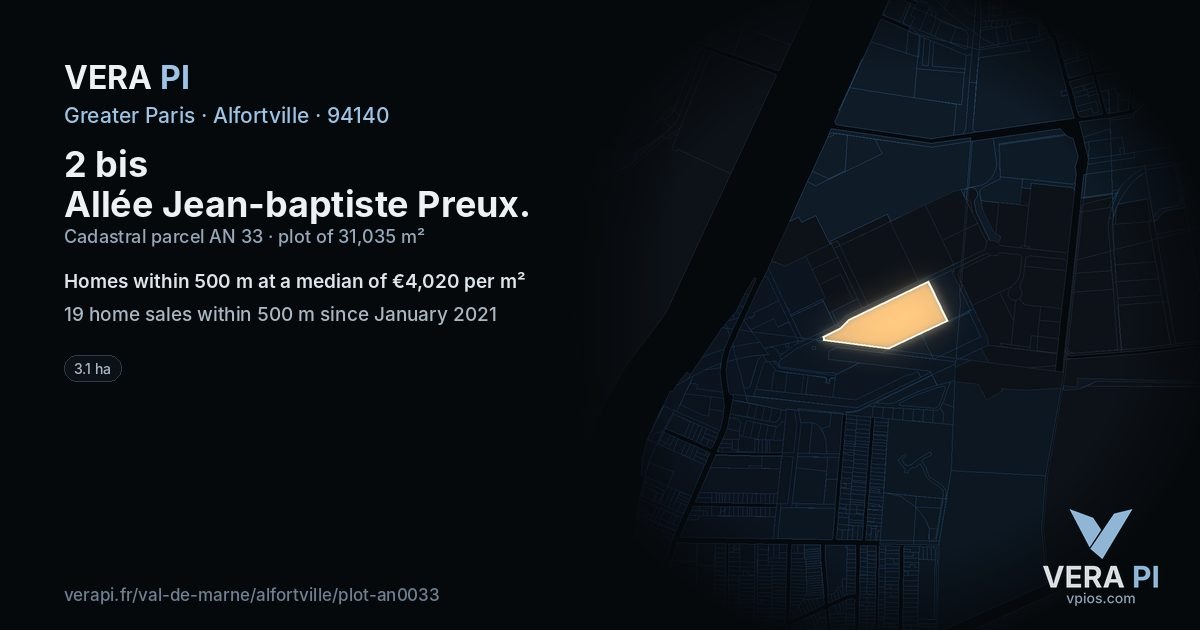 2 bis Allée Jean-baptiste Preux, Alfortville at night – the plot lit, the parcels around coloured by the prices near them