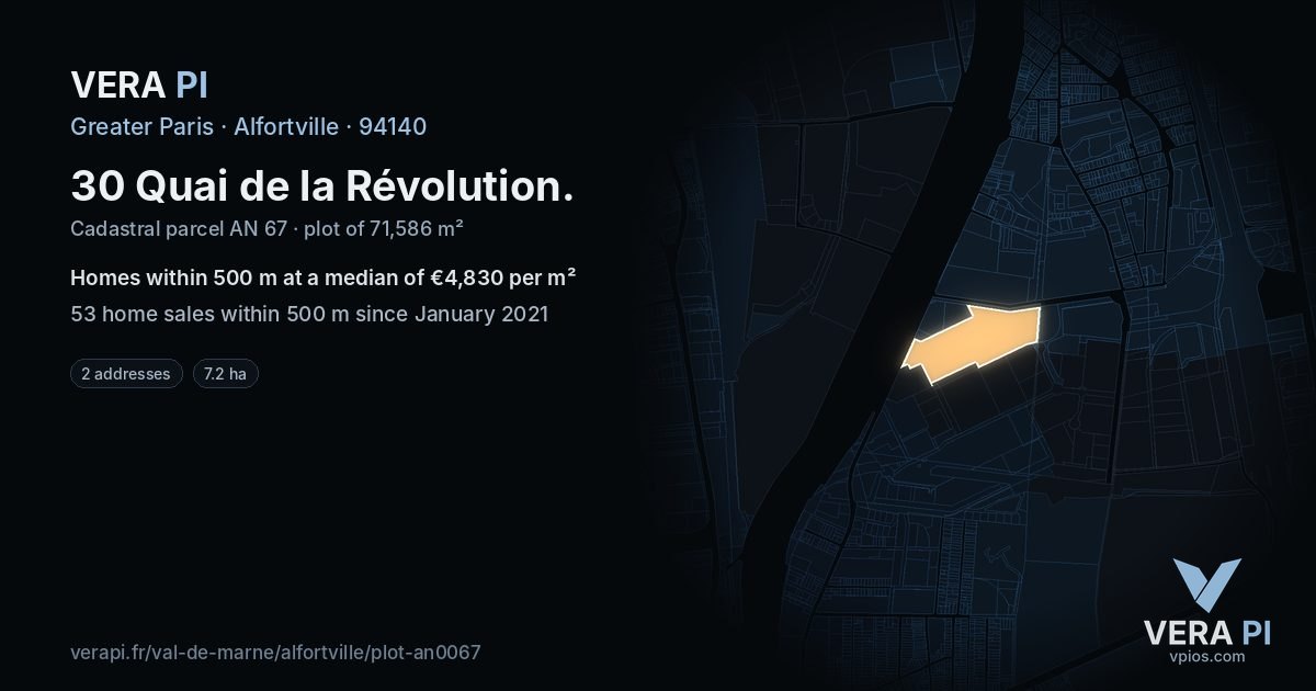 30 Quai de la Révolution, Alfortville at night – the plot lit, the parcels around coloured by the prices near them