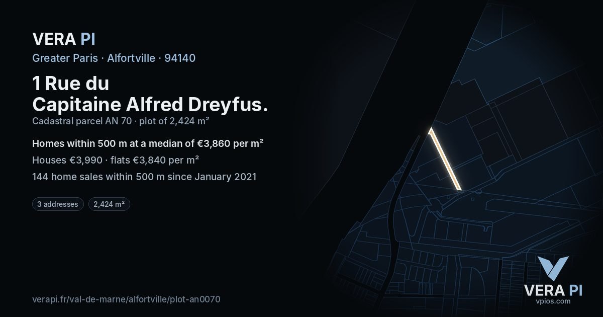 1 Rue du Capitaine Alfred Dreyfus, Alfortville at night – the plot lit, the parcels around coloured by the prices near them
