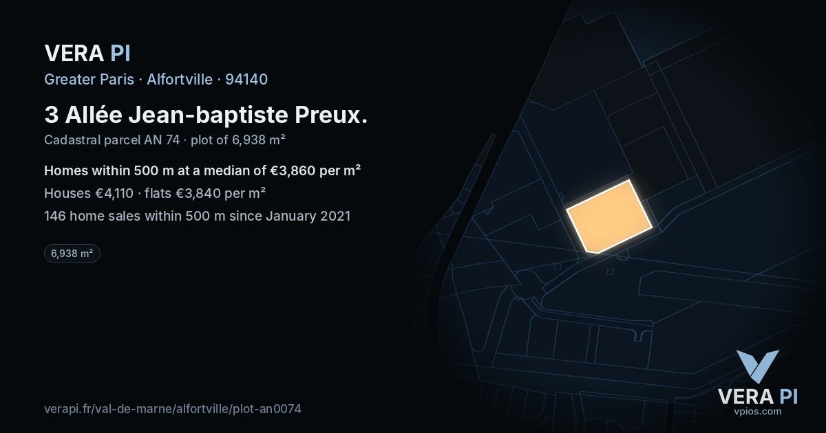 3 Allée Jean-baptiste Preux, Alfortville at night – the plot lit, the parcels around coloured by the prices near them