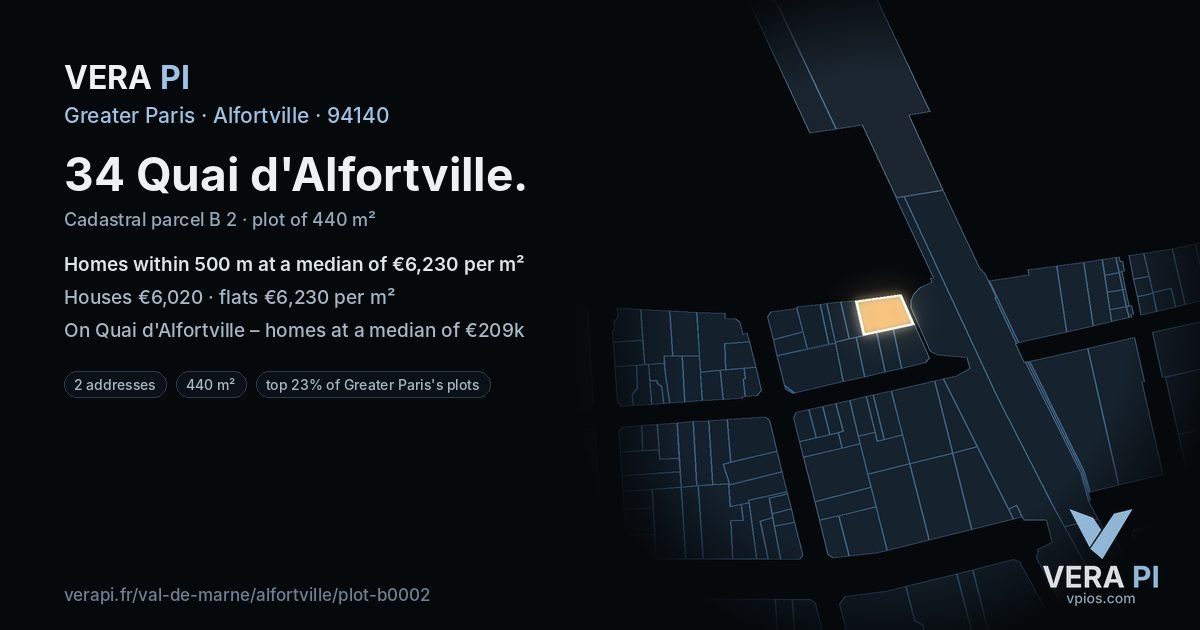 34 Quai d'Alfortville, Alfortville at night – the plot lit, the parcels around coloured by the prices near them