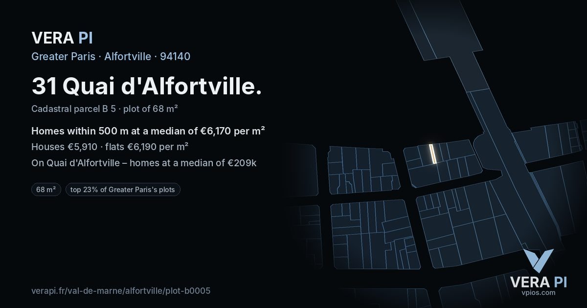 31 Quai d'Alfortville, Alfortville at night – the plot lit, the parcels around coloured by the prices near them