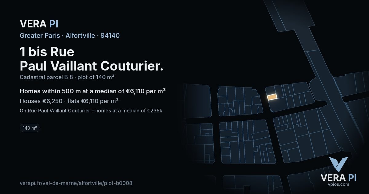 1 bis Rue Paul Vaillant Couturier, Alfortville at night – the plot lit, the parcels around coloured by the prices near them