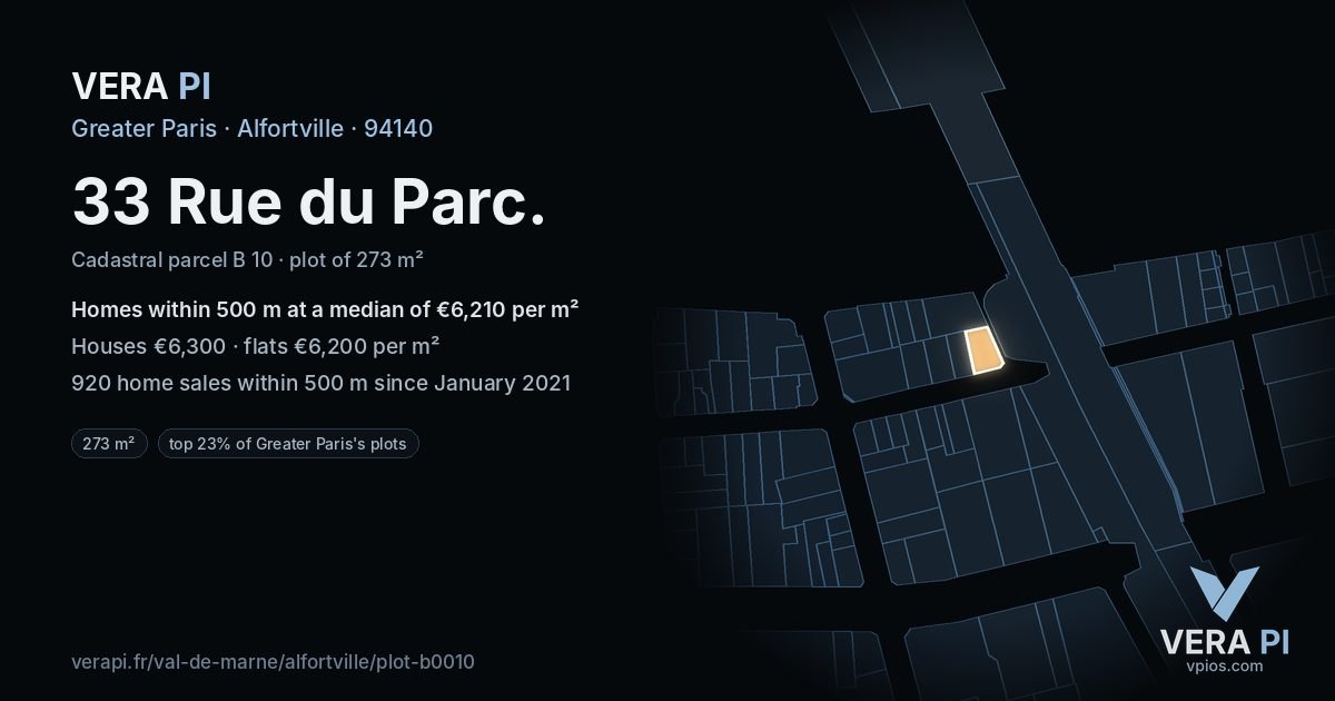 33 Rue du Parc, Alfortville at night – the plot lit, the parcels around coloured by the prices near them
