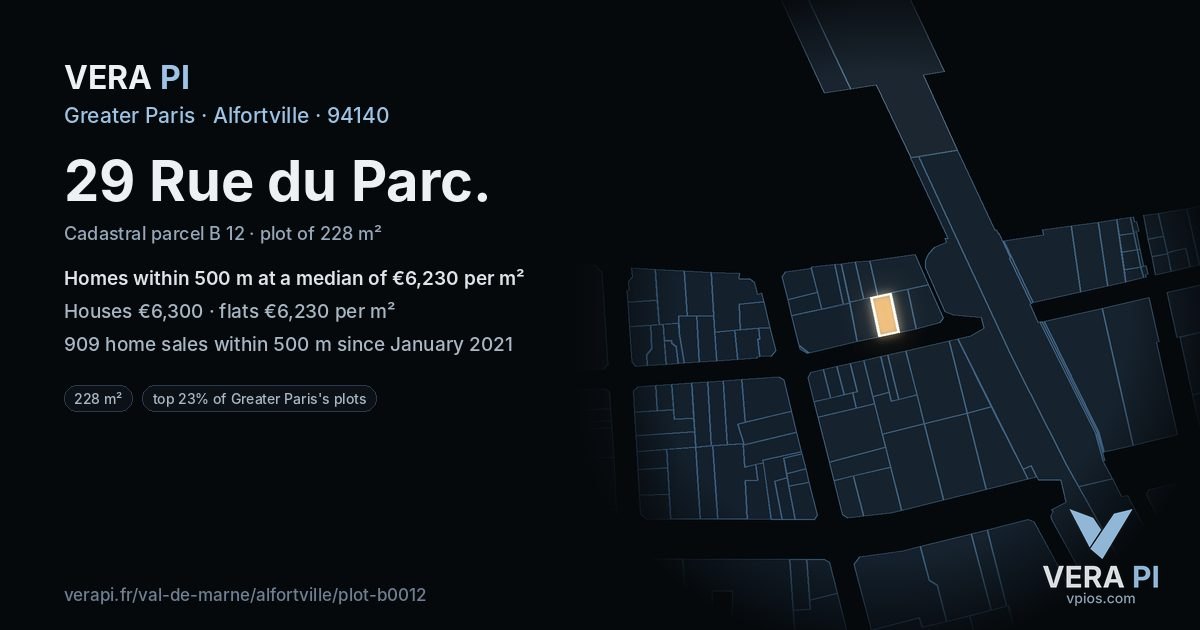 29 Rue du Parc, Alfortville at night – the plot lit, the parcels around coloured by the prices near them
