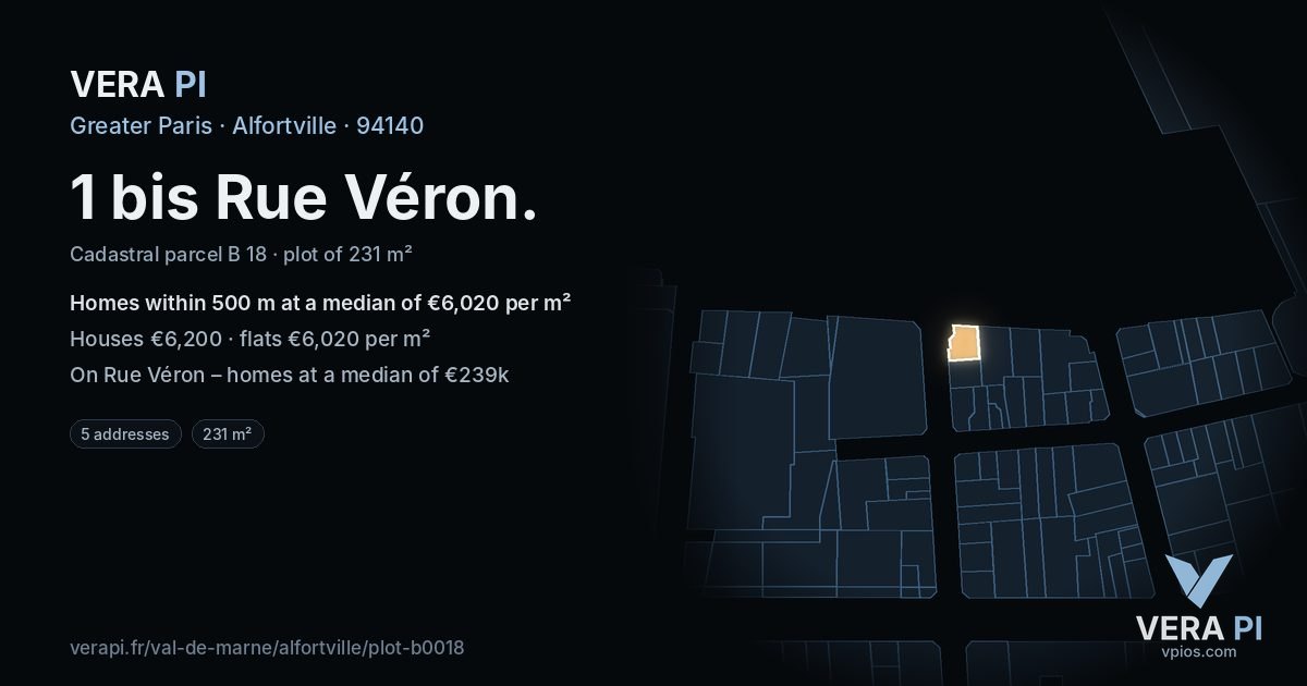 1 bis Rue Véron, Alfortville at night – the plot lit, the parcels around coloured by the prices near them