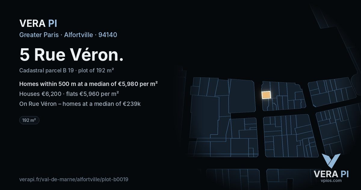 5 Rue Véron, Alfortville at night – the plot lit, the parcels around coloured by the prices near them