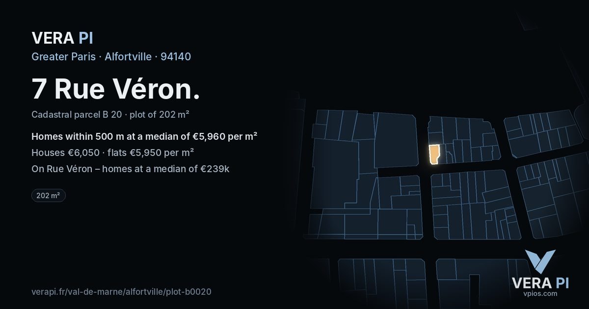 7 Rue Véron, Alfortville at night – the plot lit, the parcels around coloured by the prices near them