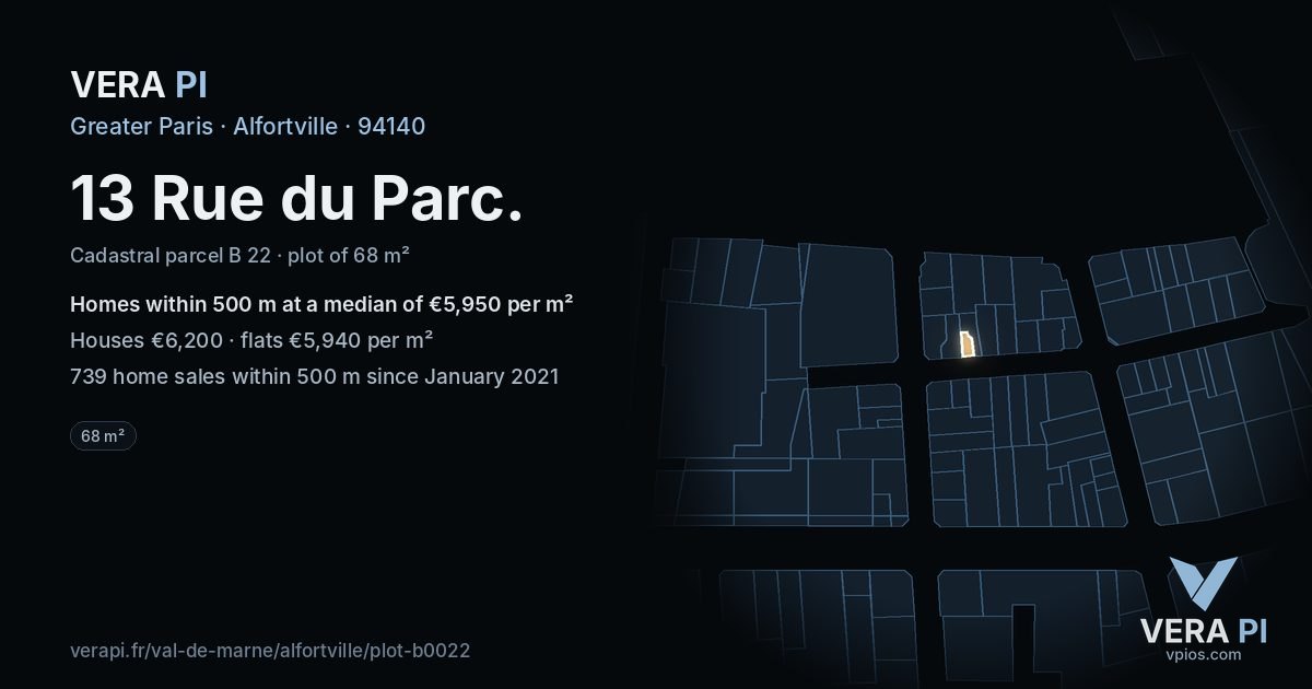13 Rue du Parc, Alfortville at night – the plot lit, the parcels around coloured by the prices near them