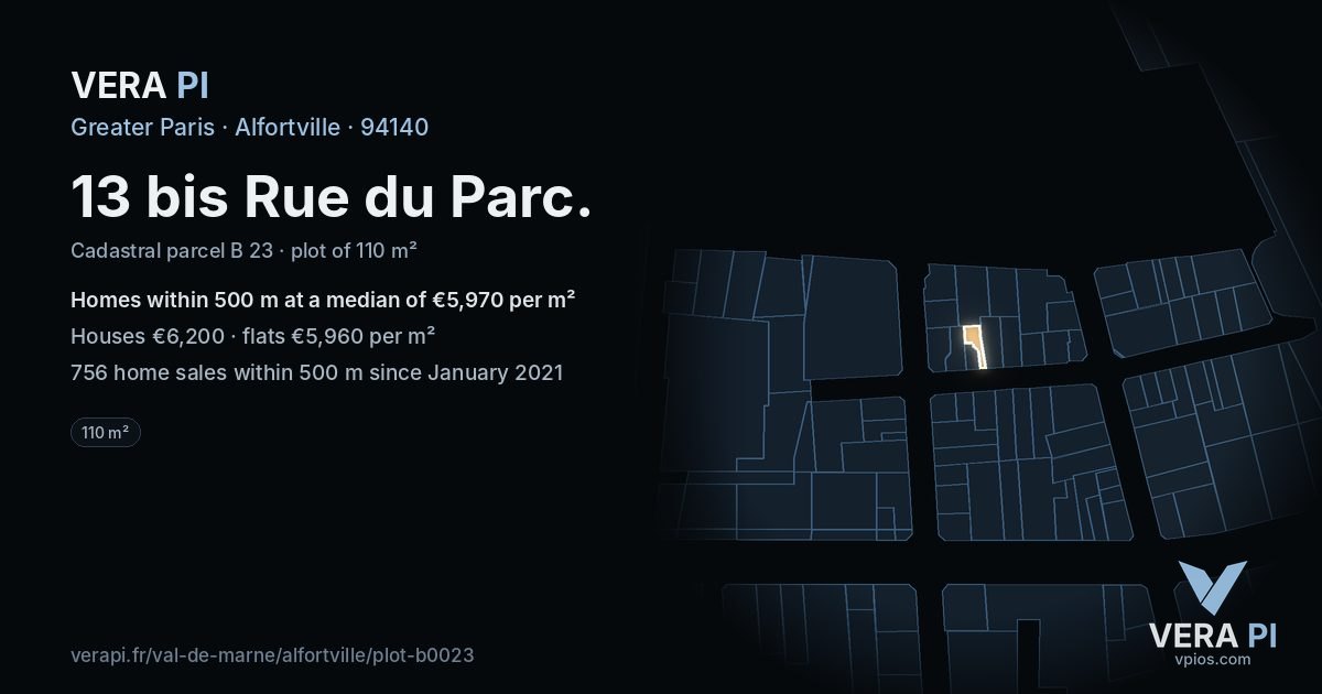 13 bis Rue du Parc, Alfortville at night – the plot lit, the parcels around coloured by the prices near them