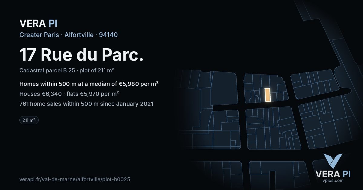 17 Rue du Parc, Alfortville at night – the plot lit, the parcels around coloured by the prices near them