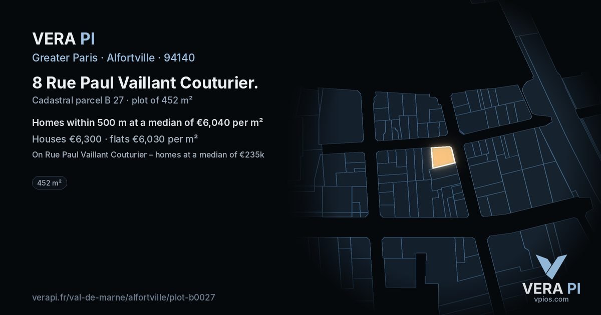 8 Rue Paul Vaillant Couturier, Alfortville at night – the plot lit, the parcels around coloured by the prices near them