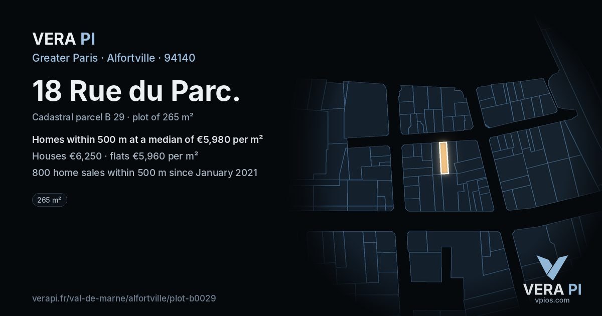 18 Rue du Parc, Alfortville at night – the plot lit, the parcels around coloured by the prices near them