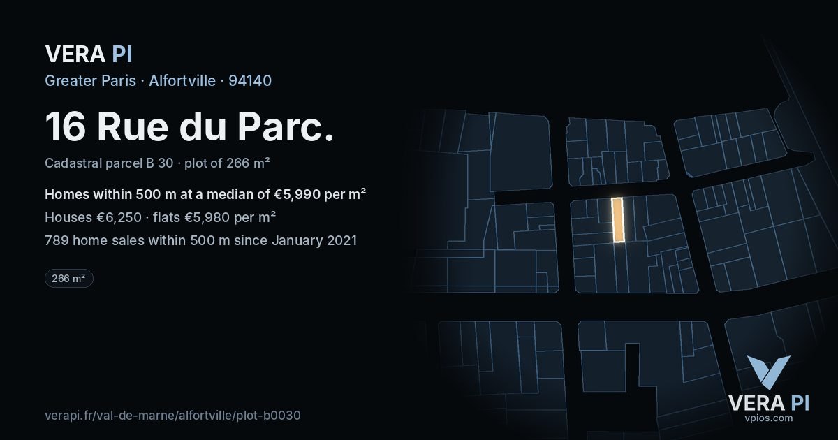 16 Rue du Parc, Alfortville at night – the plot lit, the parcels around coloured by the prices near them