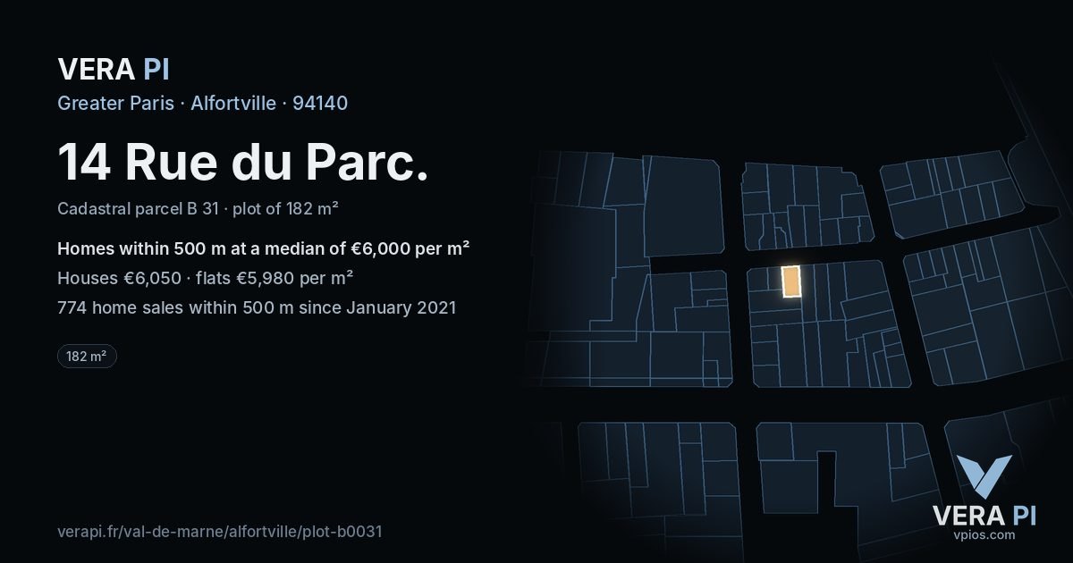14 Rue du Parc, Alfortville at night – the plot lit, the parcels around coloured by the prices near them