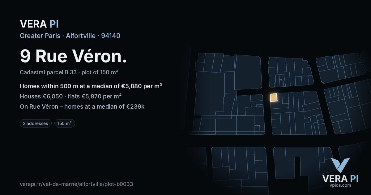 9 Rue Véron, Alfortville at night – the plot lit, the parcels around coloured by the prices near them