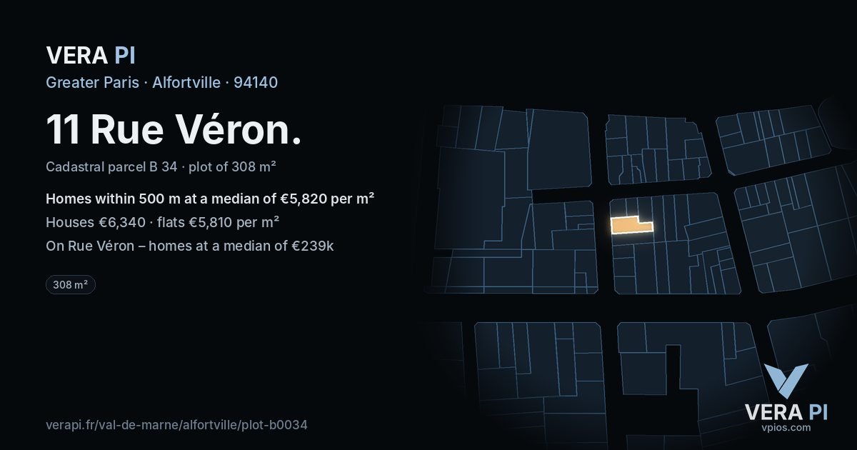 11 Rue Véron, Alfortville at night – the plot lit, the parcels around coloured by the prices near them