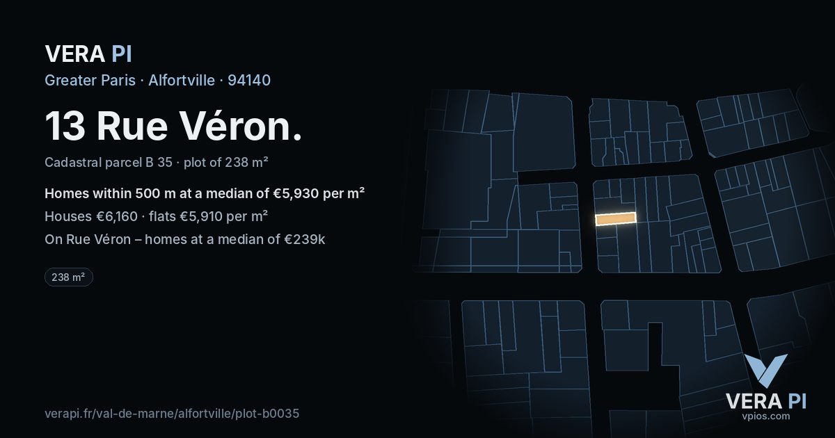 13 Rue Véron, Alfortville at night – the plot lit, the parcels around coloured by the prices near them
