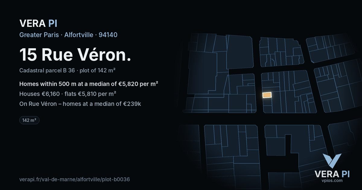 15 Rue Véron, Alfortville at night – the plot lit, the parcels around coloured by the prices near them