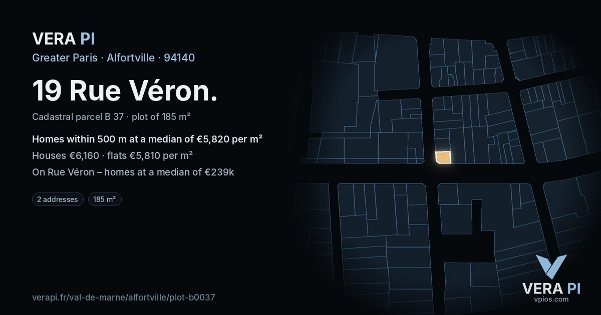 19 Rue Véron, Alfortville at night – the plot lit, the parcels around coloured by the prices near them