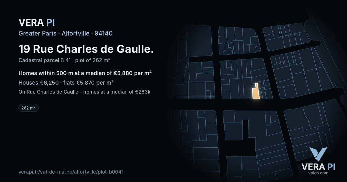 19 Rue Charles de Gaulle, Alfortville at night – the plot lit, the parcels around coloured by the prices near them