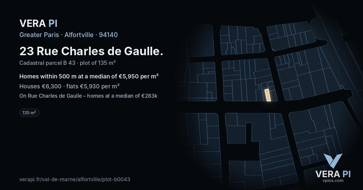 23 Rue Charles de Gaulle, Alfortville at night – the plot lit, the parcels around coloured by the prices near them