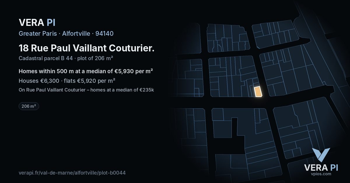 18 Rue Paul Vaillant Couturier, Alfortville at night – the plot lit, the parcels around coloured by the prices near them