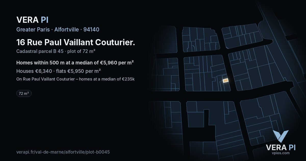16 Rue Paul Vaillant Couturier, Alfortville at night – the plot lit, the parcels around coloured by the prices near them