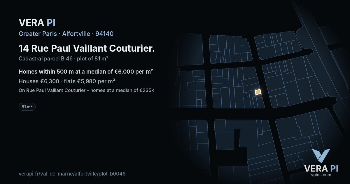 14 Rue Paul Vaillant Couturier, Alfortville at night – the plot lit, the parcels around coloured by the prices near them